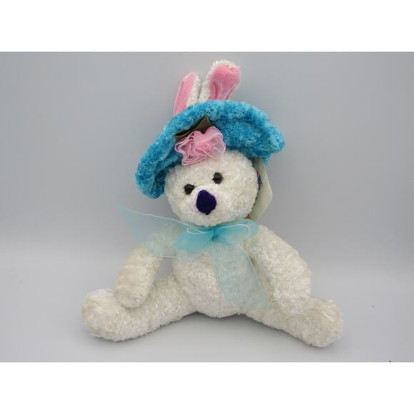 NEW w/ Tags Chenille Bunny Plush Peachtree Playthings Easter White Blue Hat - Picture 1 of 12
